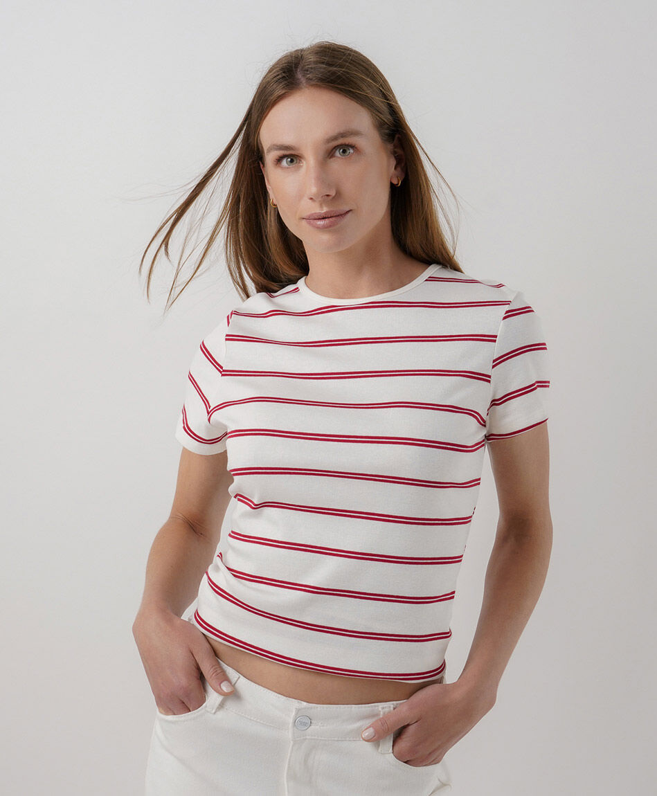 Polera mujer rayas rojas