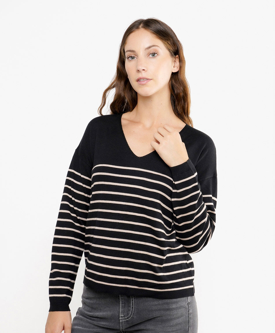 Sweater mujer cuello v dise&ntilde;o lineas