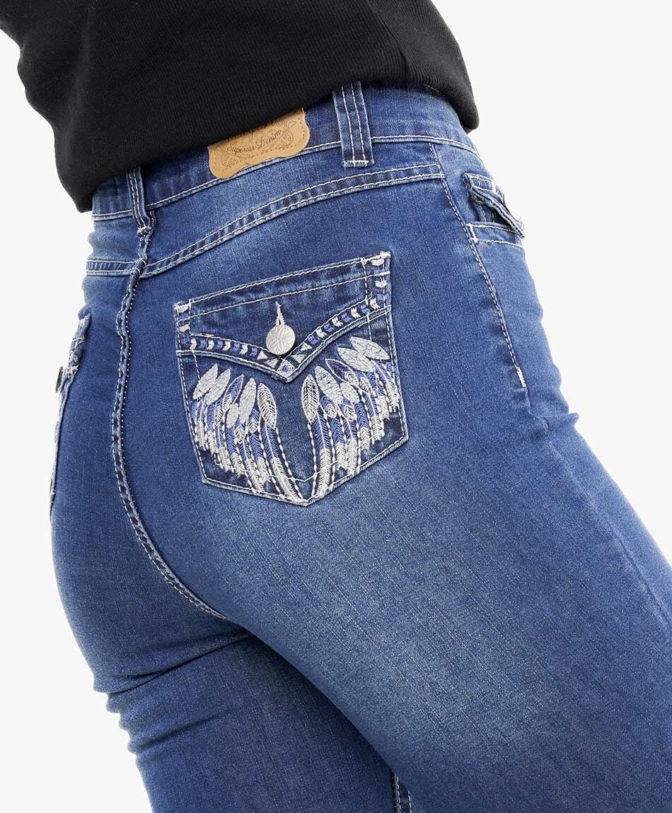 Jeans mujer flare bordado bolsillo