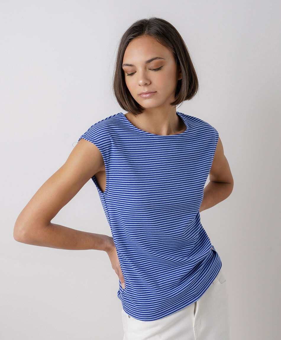 Polera mujer listada manga mini azul