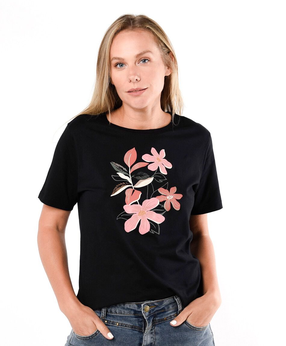 Polera mujer flores rosadas
