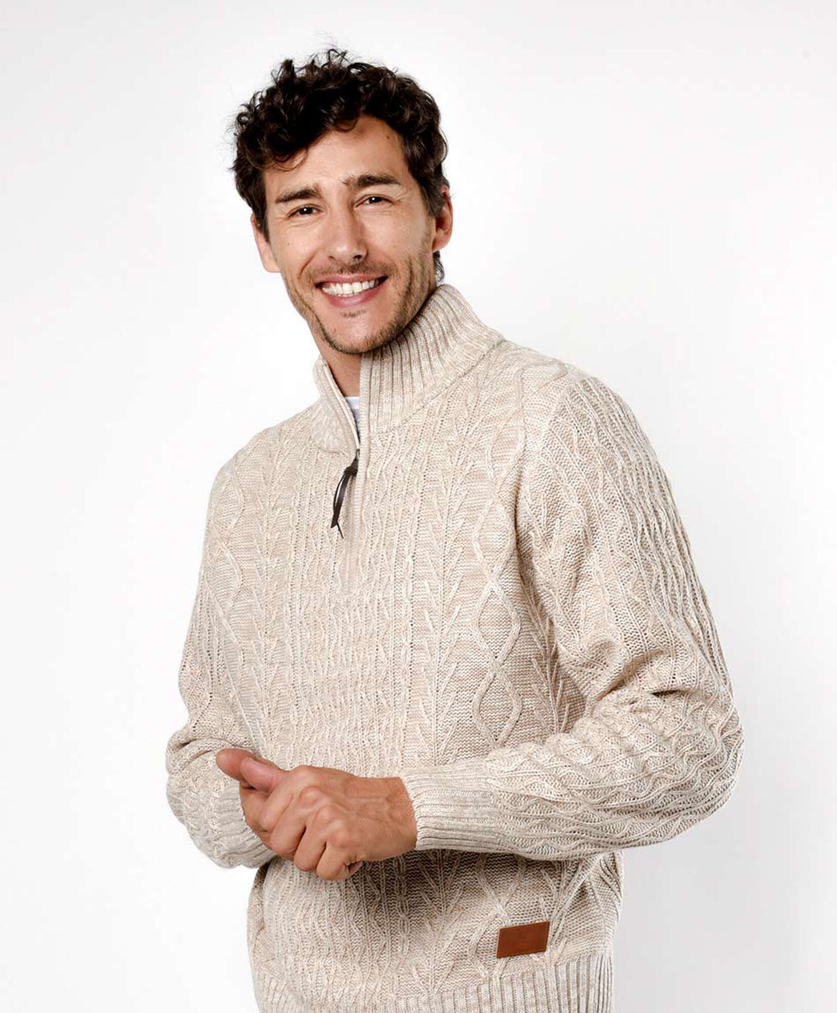 Sweater hombre textura medio cierre beige Sweater hombre textura medio cierre beige