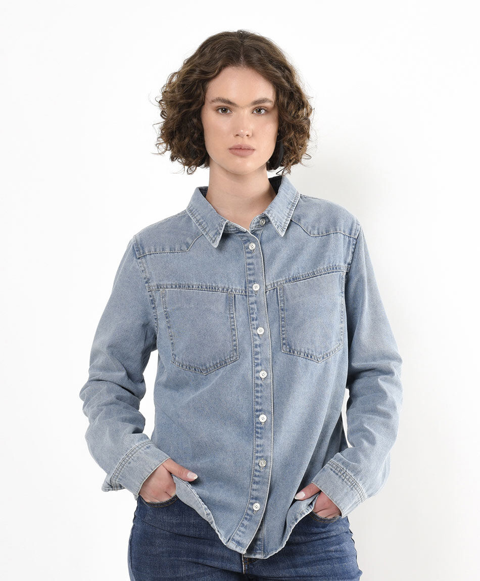 Blusa mujer denim bolsillos