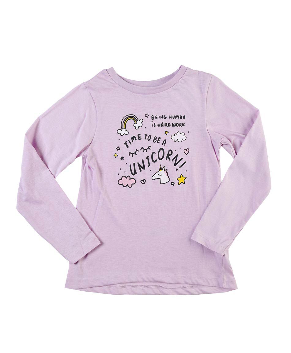 Polera ni&ntilde;a texto unicornio manga larga