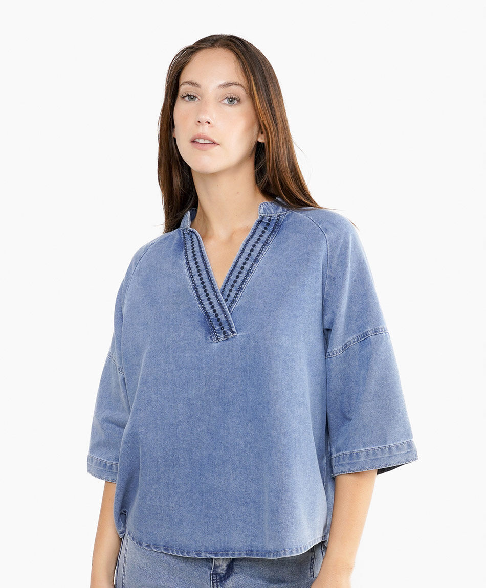 Blusa mujer denim bordado