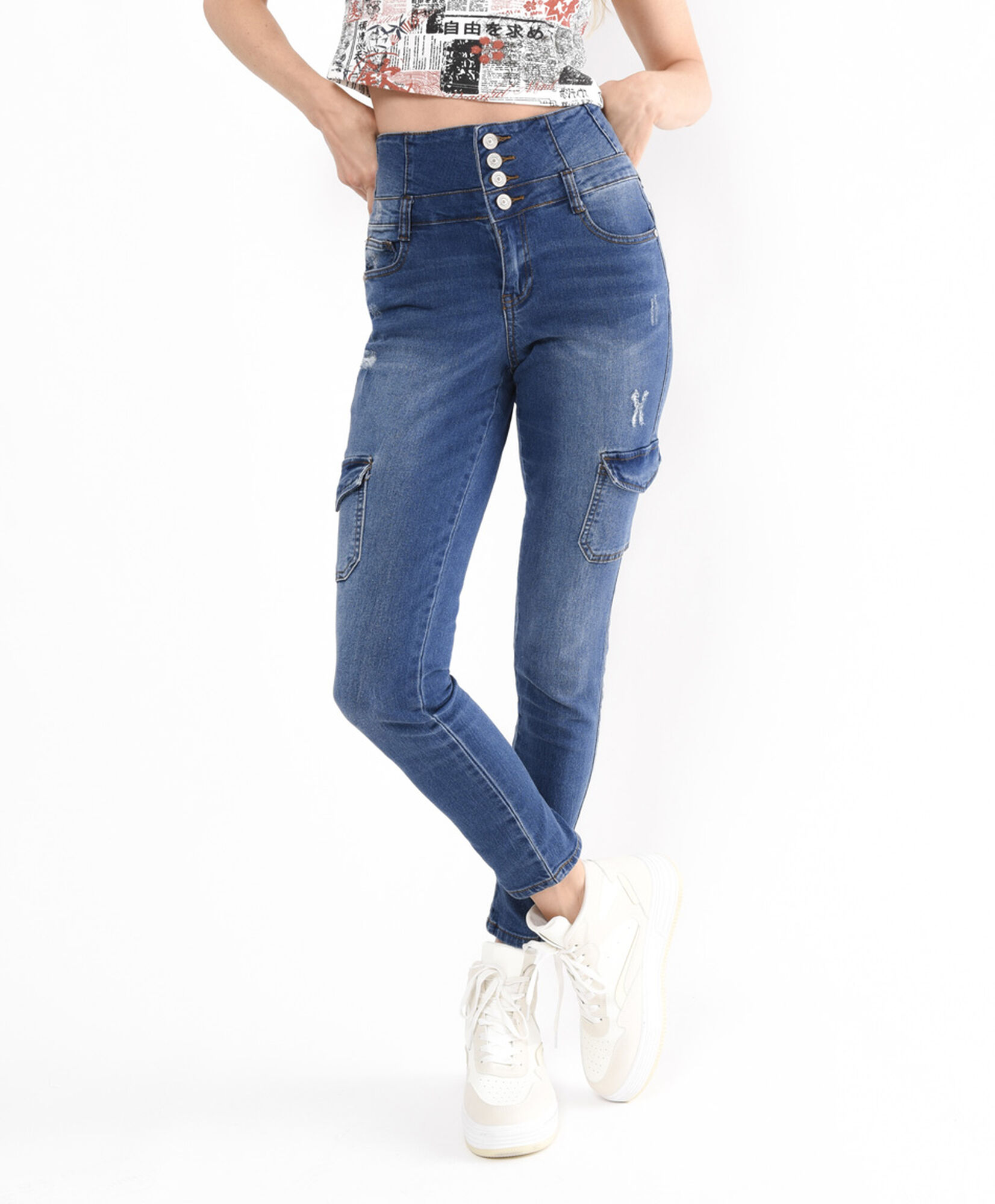 Jeans mujer cargo pretina ancha skinny fit Jeans mujer cargo pretina ancha skinny fit