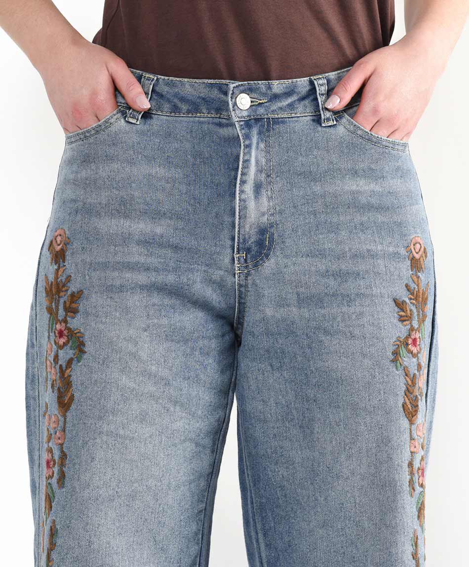 Jeans mujer bordado lateral wide