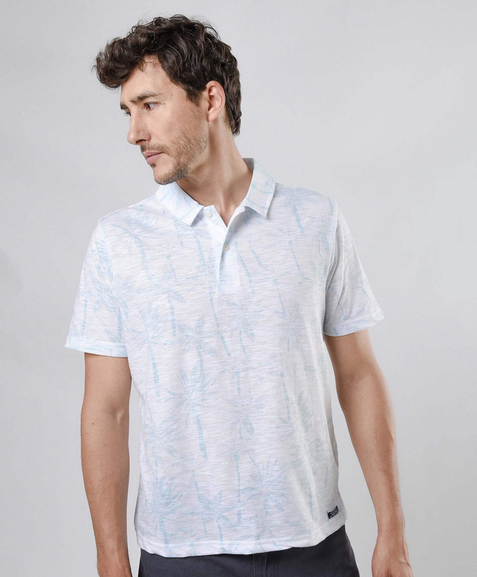 Polera hombre jaspeada palmeras cuello piqué Polera hombre jaspeada palmeras cuello piqué