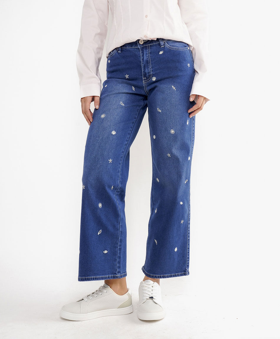 Jeans mujer wide leg bordado frontal