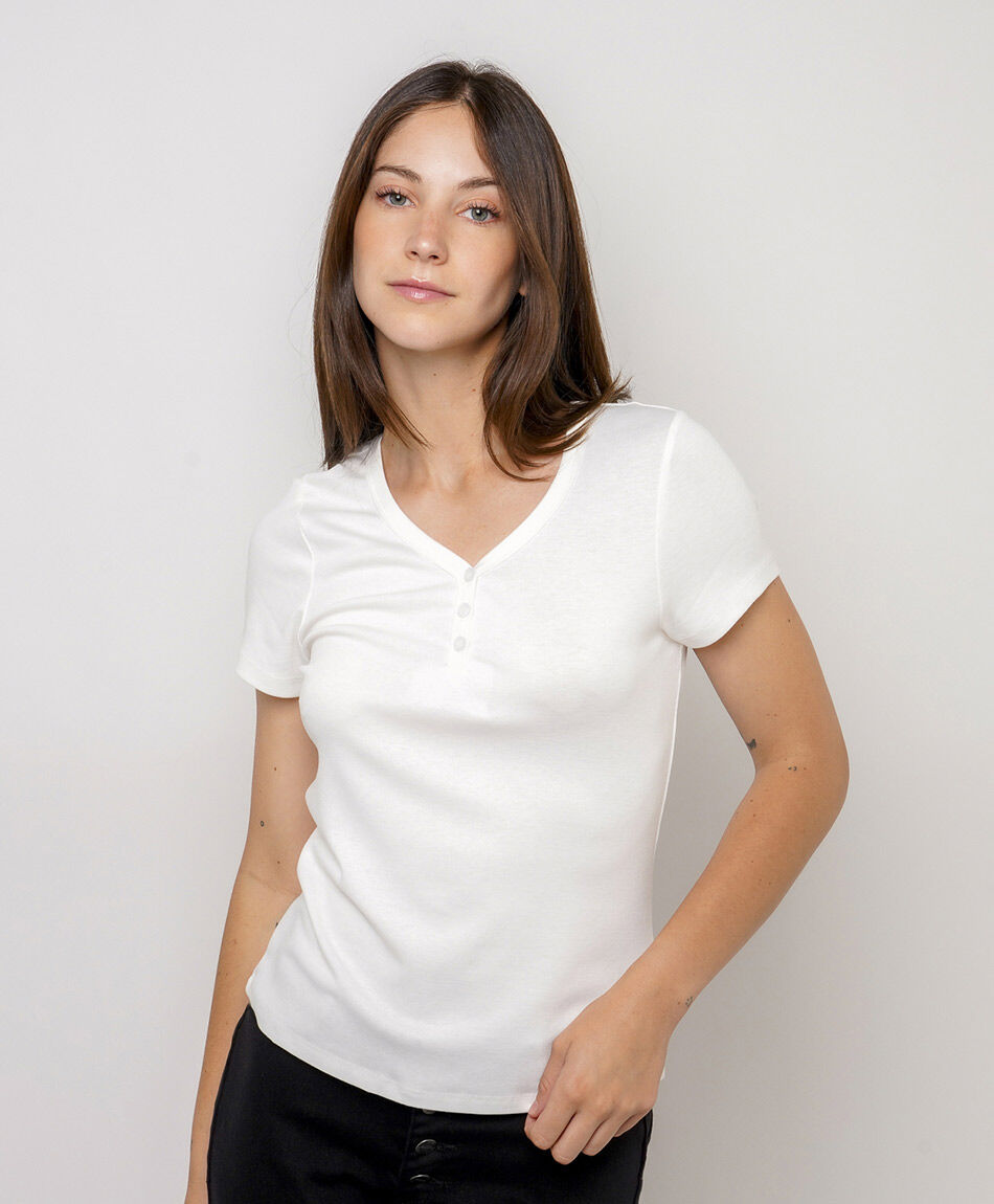 Polera mujer cuello botones white