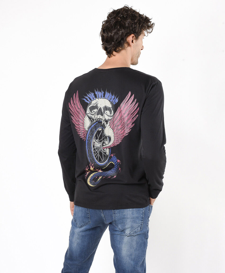 Polera hombre doble estampado calavera