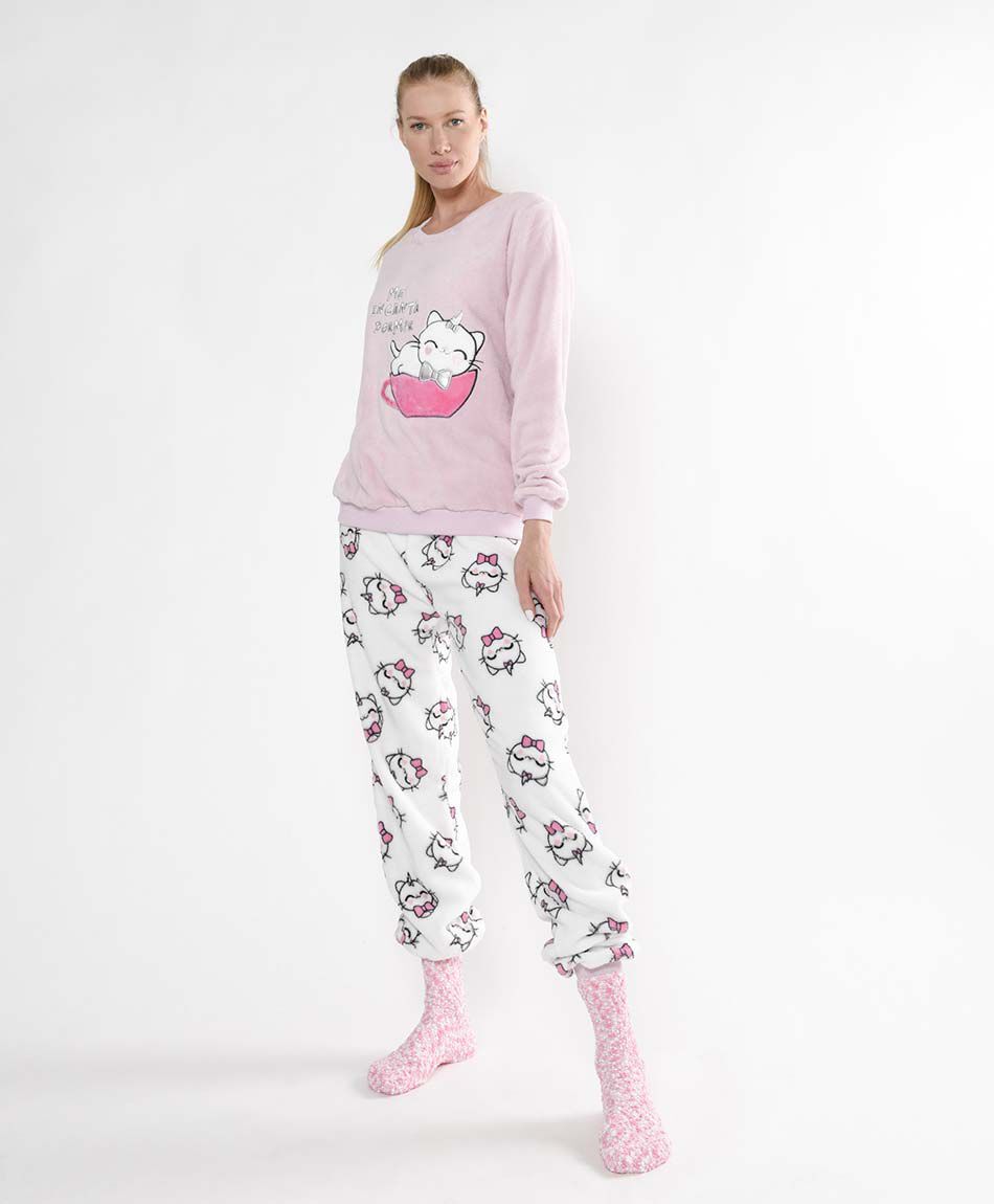 Pack mujer pijama polar calcetines gato TRICOT
