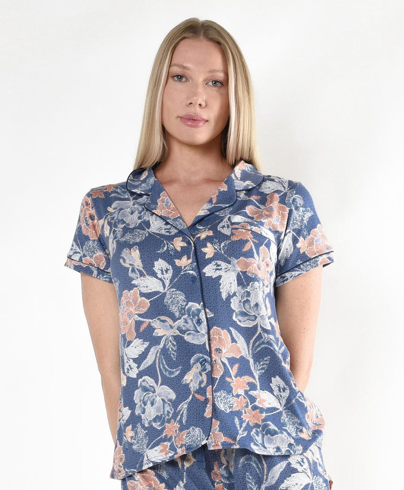 Pijama mujer floreado azul camisero Pijama mujer floreado azul camisero