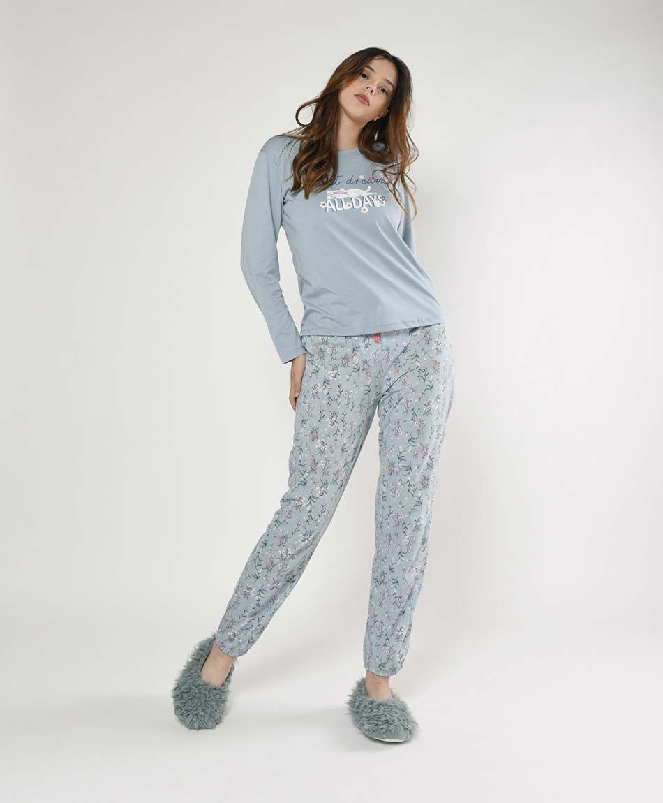 Pijama mujer floreado gato 2 piezas