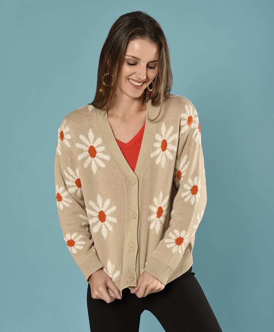 C&aacute;rdigan jacquard flor corto cuello en v