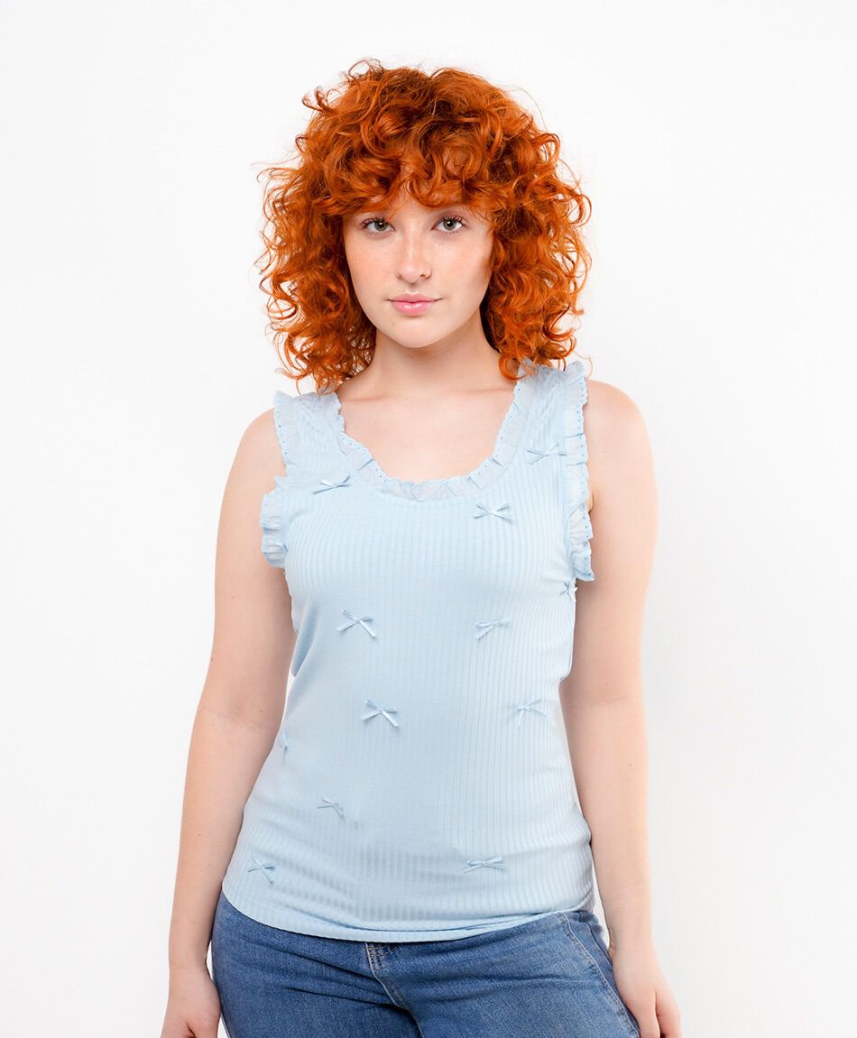 Polera mujer cintas encaje azul