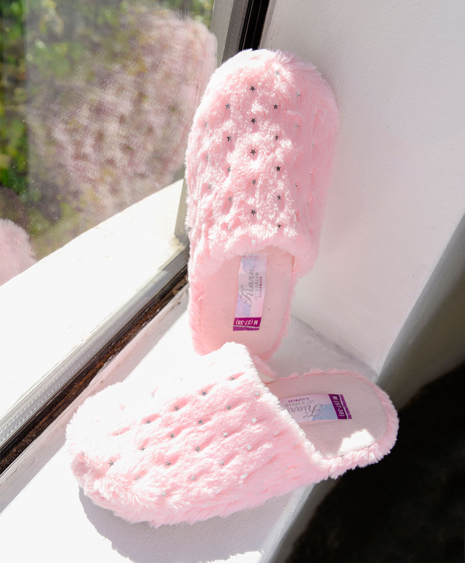 Pantufla mujer brillos rosada