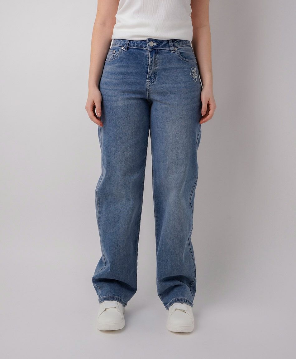 Jeans mujer straight orqu&iacute;dea bordada