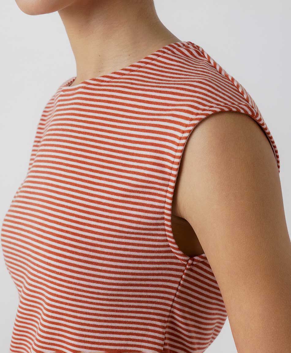 Polera mujer listada manga mini roja