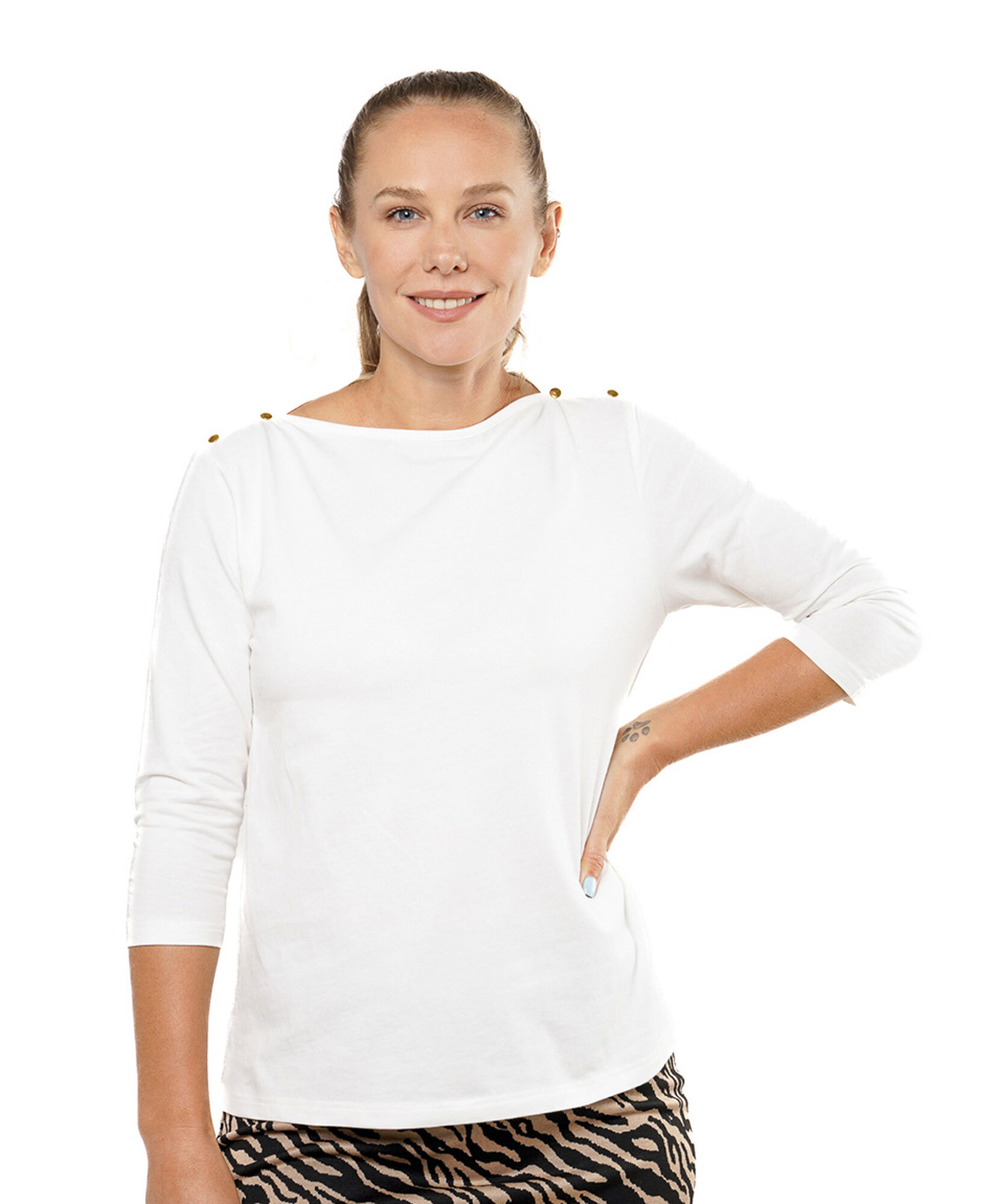 Polera mujer cuello bote botones blanca Polera mujer cuello bote botones blanca