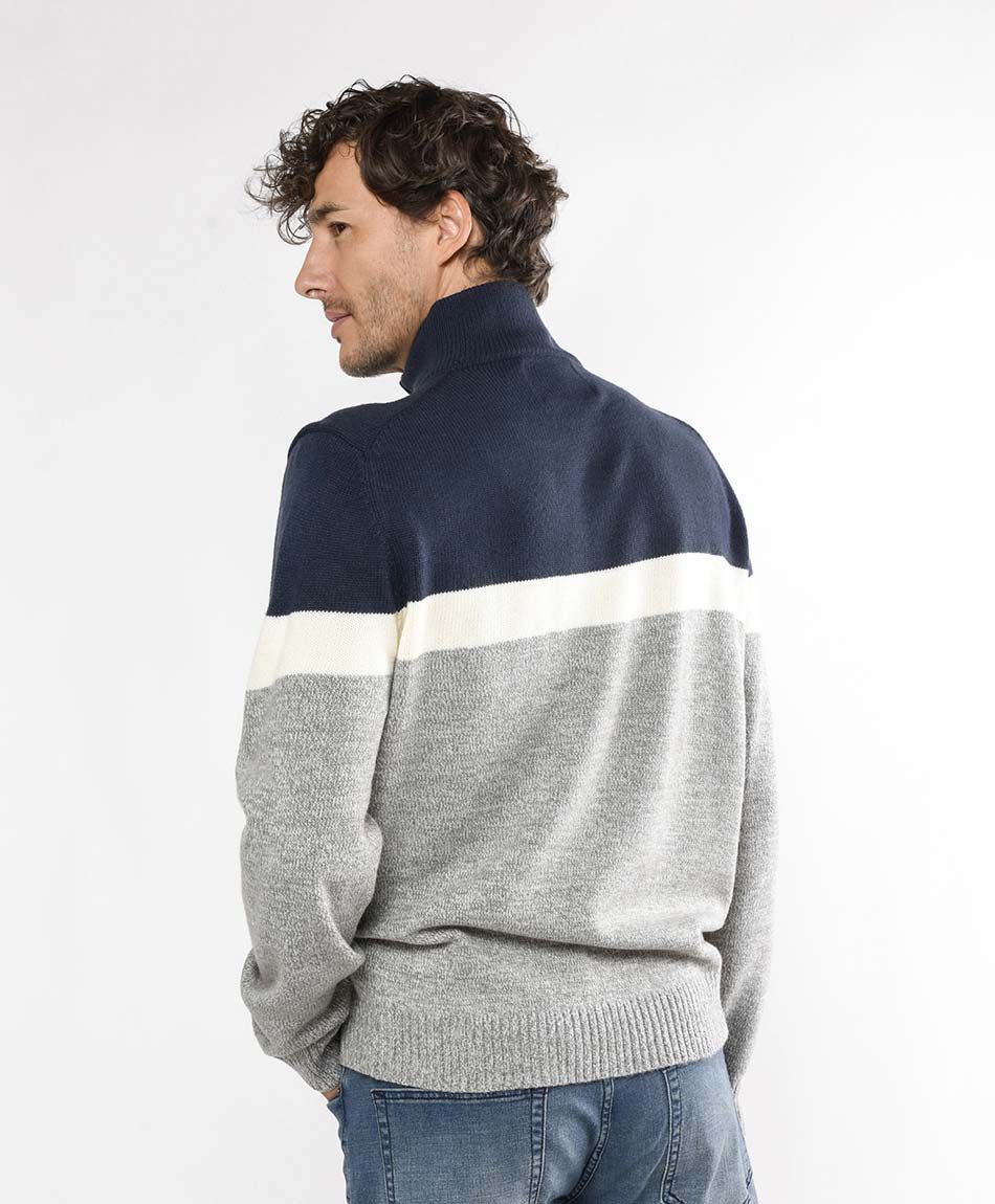 Sweater hombre tricolor medio cierre