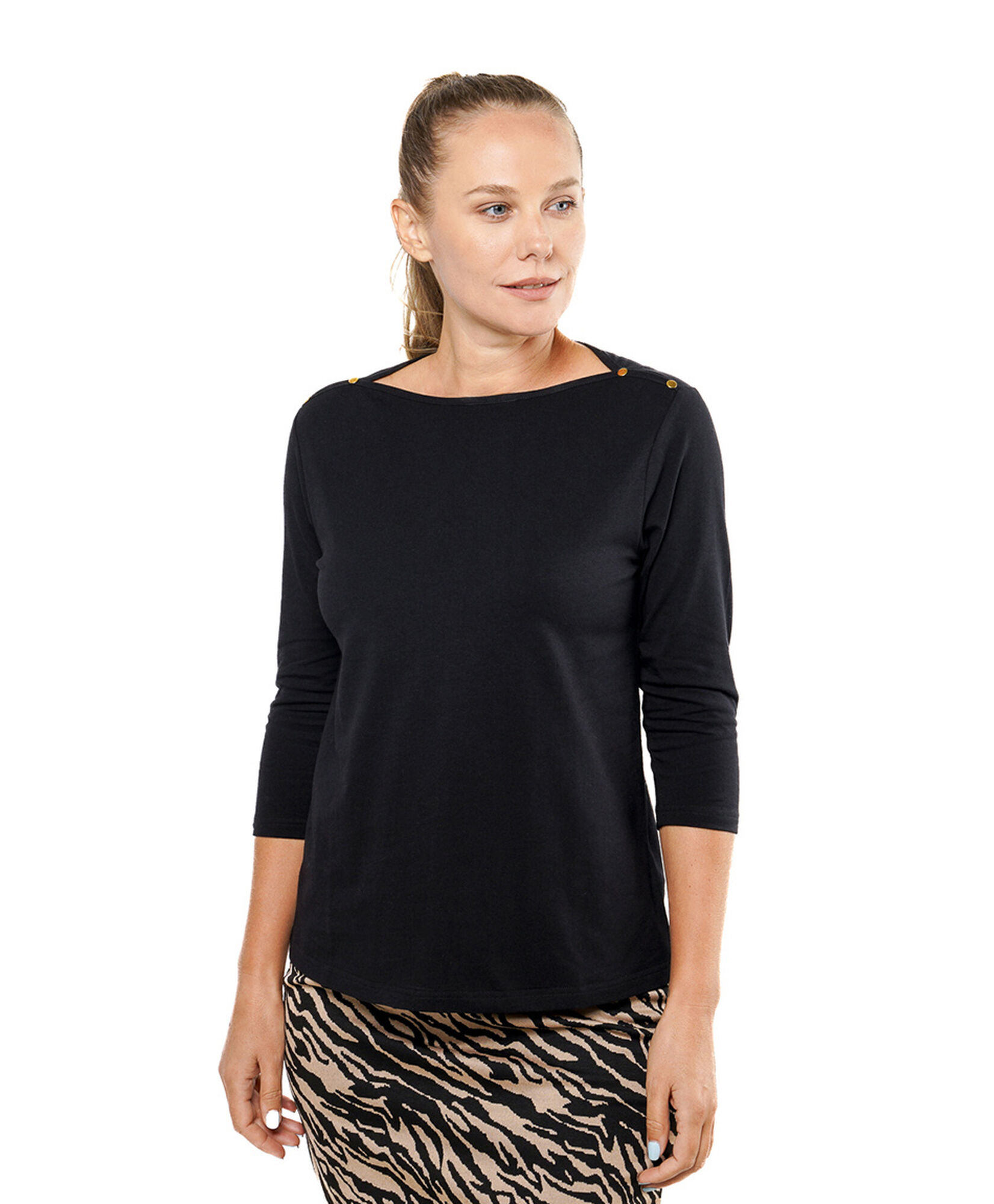 Polera mujer cuello bote botones negra Polera mujer cuello bote botones negra
