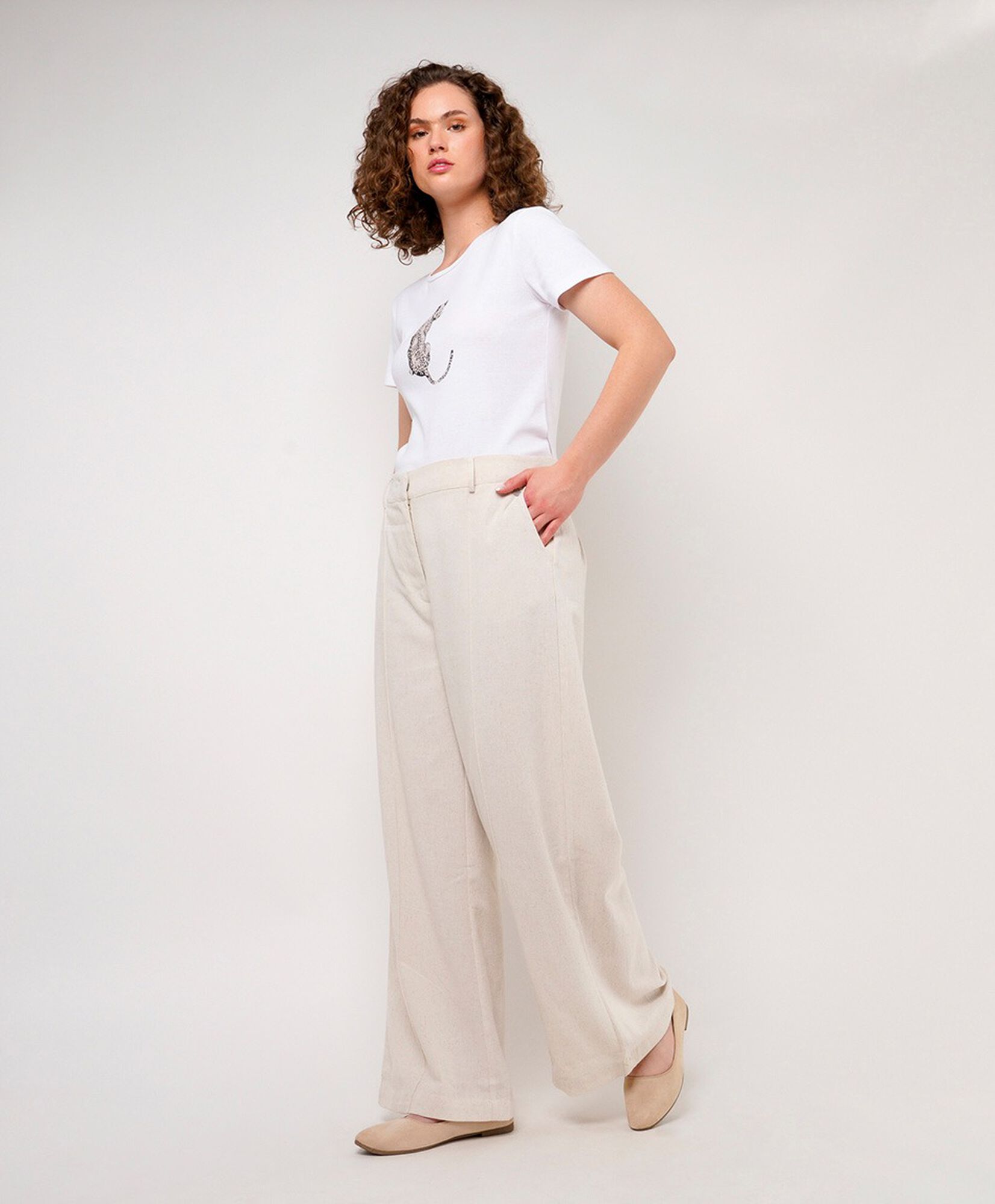 Pantalón mujer lino tiro alto wide Pantalón mujer lino tiro alto wide