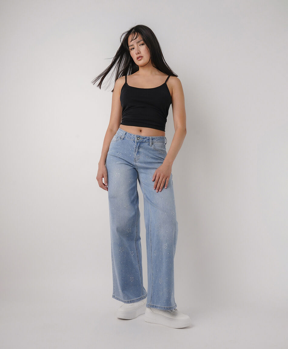 Jeans mujer wide leg estrellas brillos
