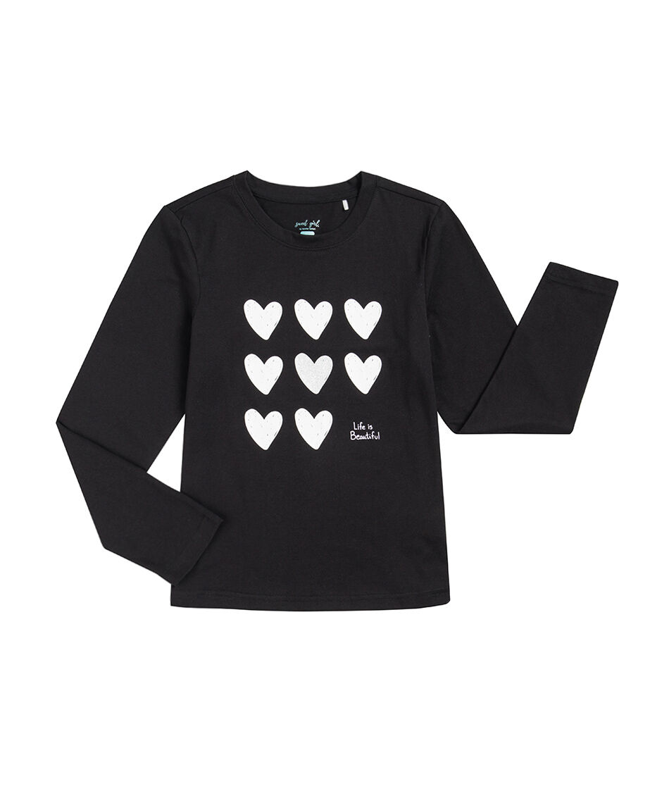 Polera ni&ntilde;a estampado corazones