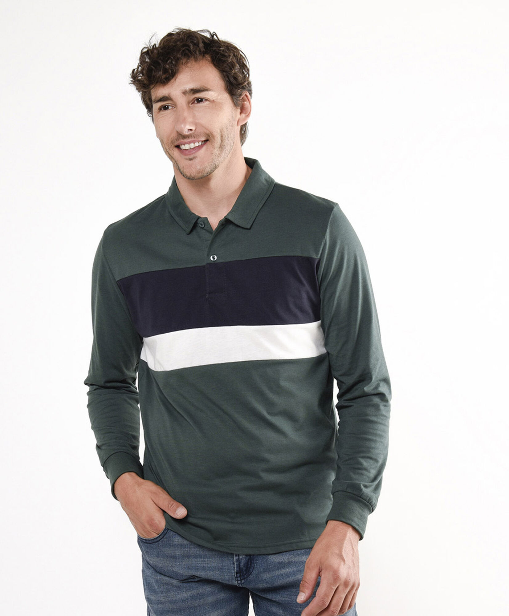 Polera hombre líneas cuello piqué tricolor Polera hombre líneas cuello piqué tricolor