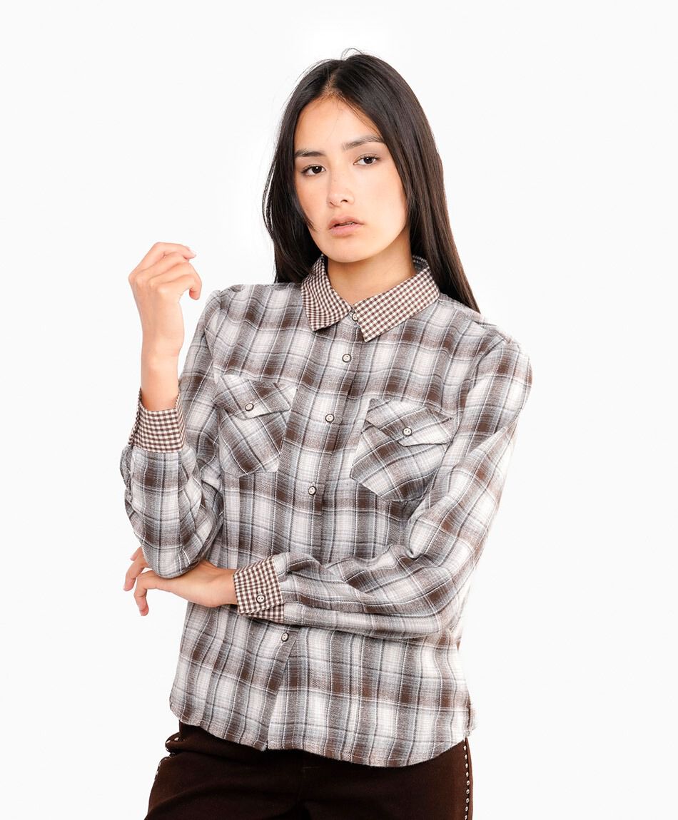 Blusa mujer escoces cuadros caf&eacute;