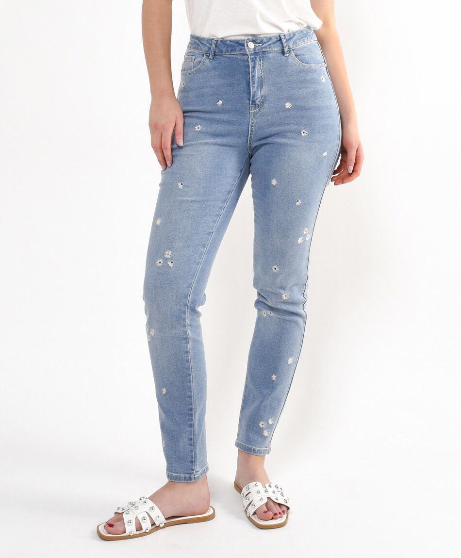 Jeans mujer flores bordadas skinny fit