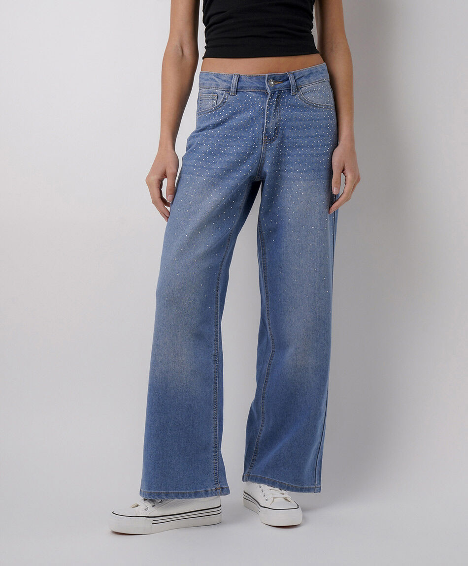 Jeans mujer wide leg brillos superior
