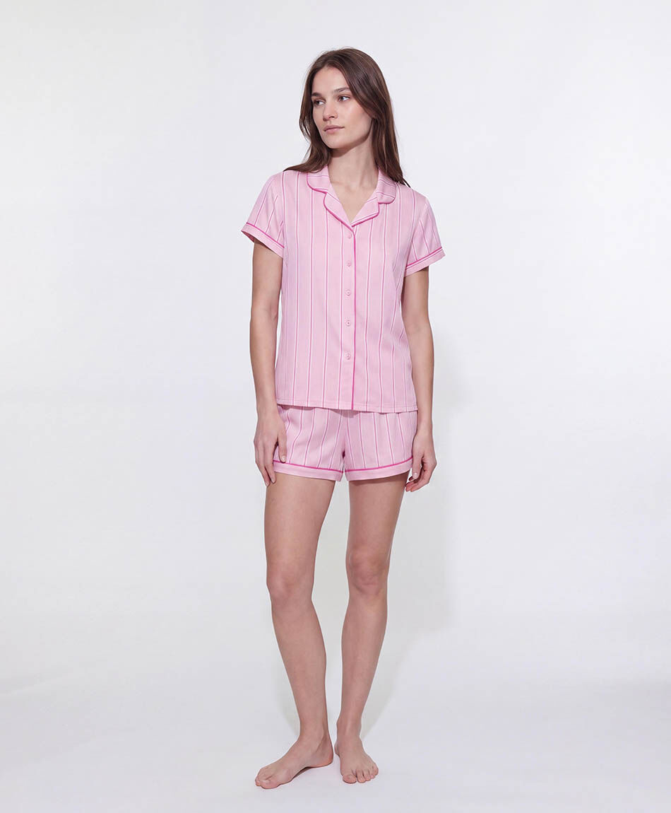 Pijama mujer camisero rayas piping rosado