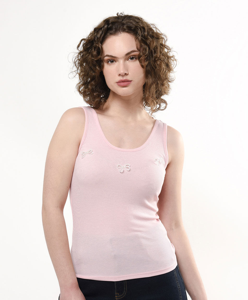 Polera mujer top cintas perlas rosada