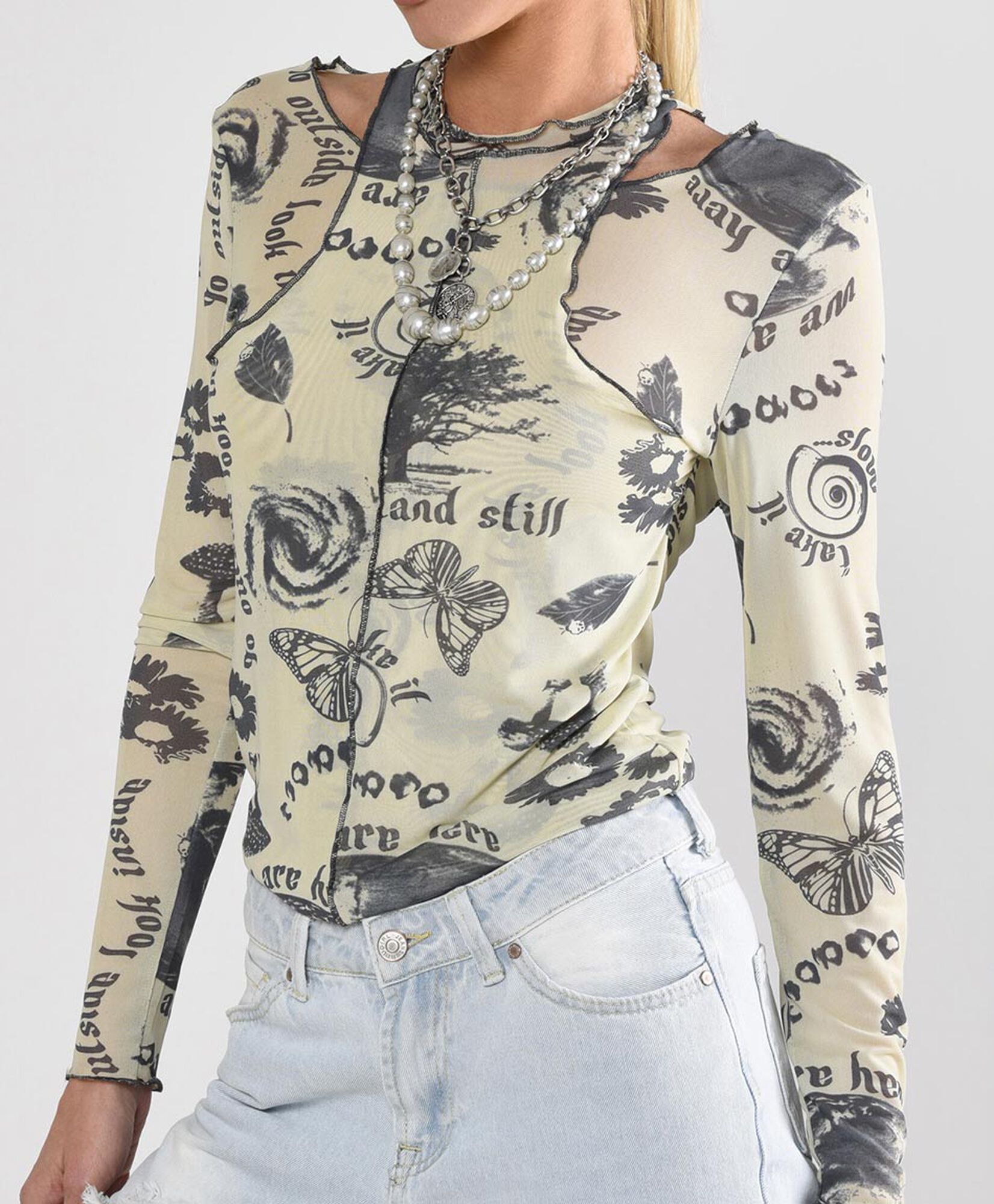 Polera mujer mesh estampada manga larga Polera mujer mesh estampada manga larga