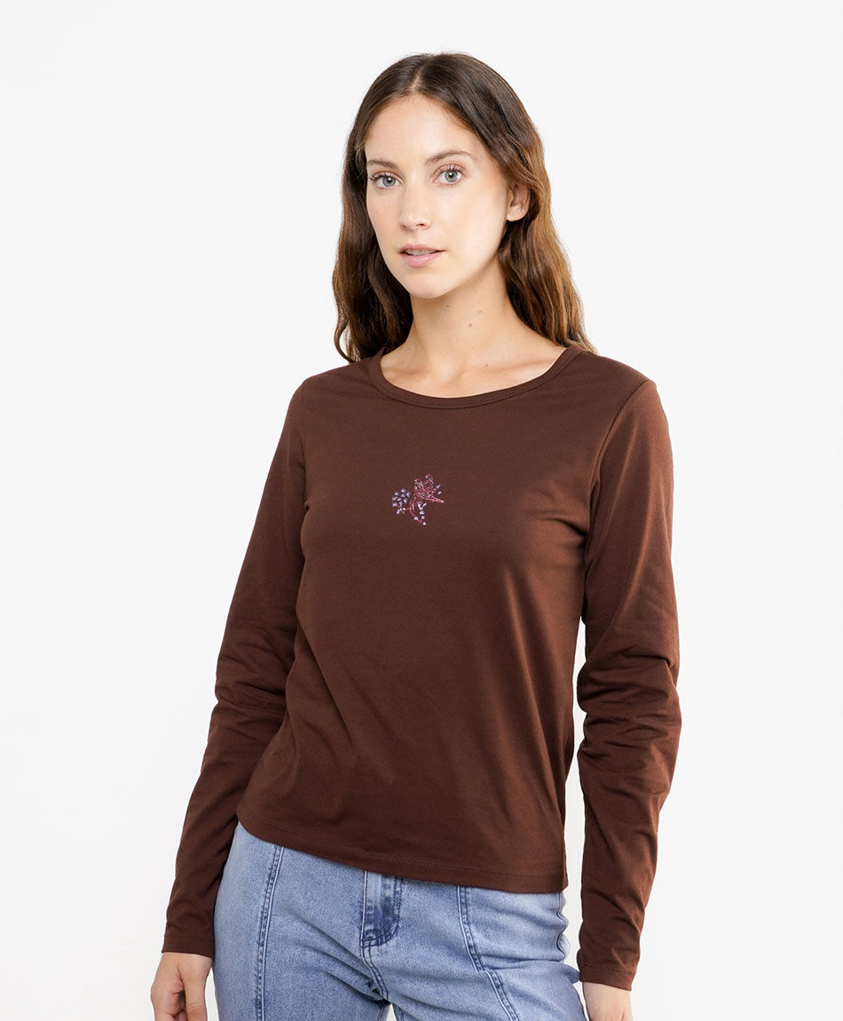 Polera mujer pajaros bordados