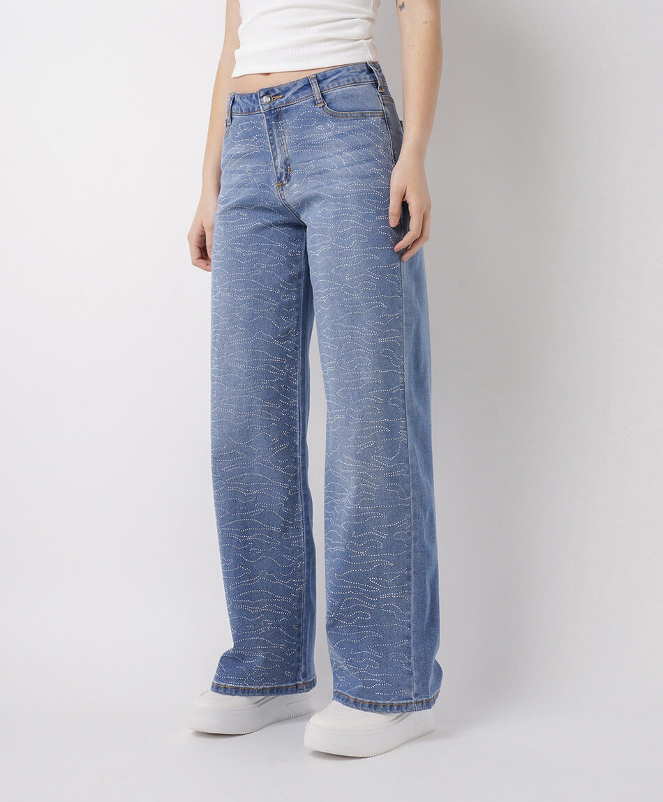 Jeans mujer wide leg dise&ntilde;o brillos