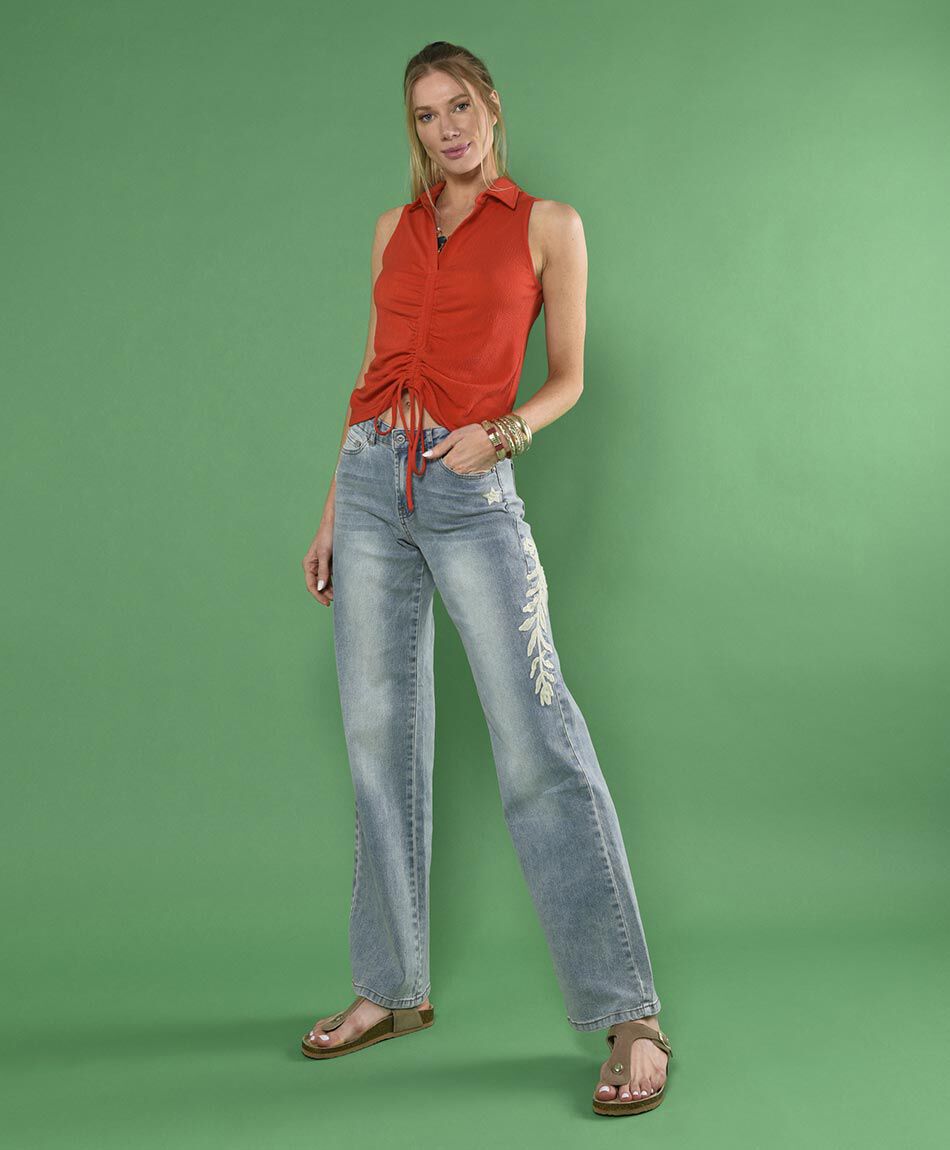 Jeans wide bordado