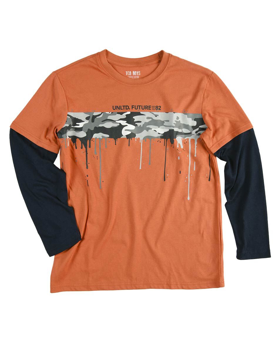 Polera ni&ntilde;o bicolor camuflaje manga larga