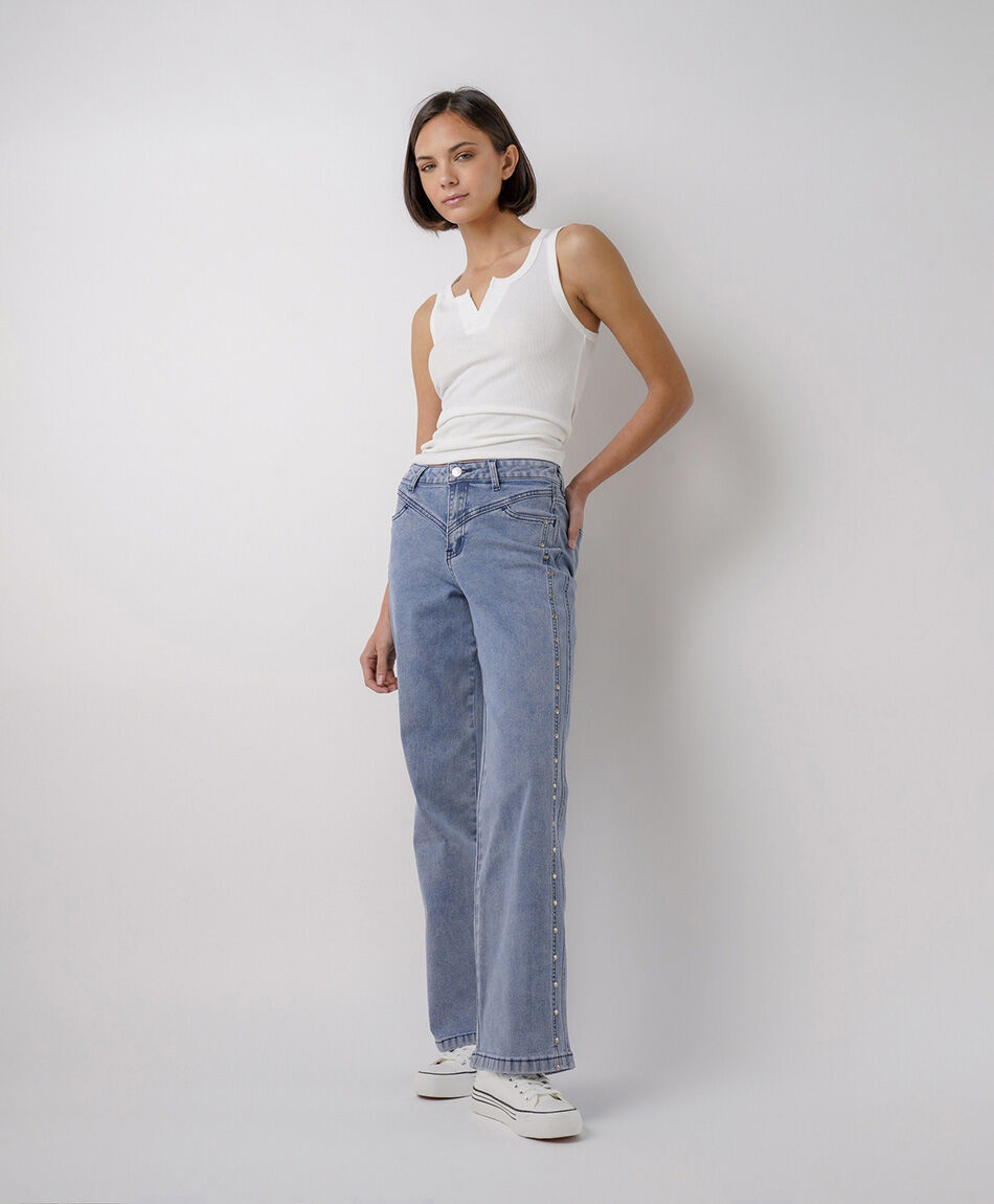 Jeans mujer wide leg tachas laterales