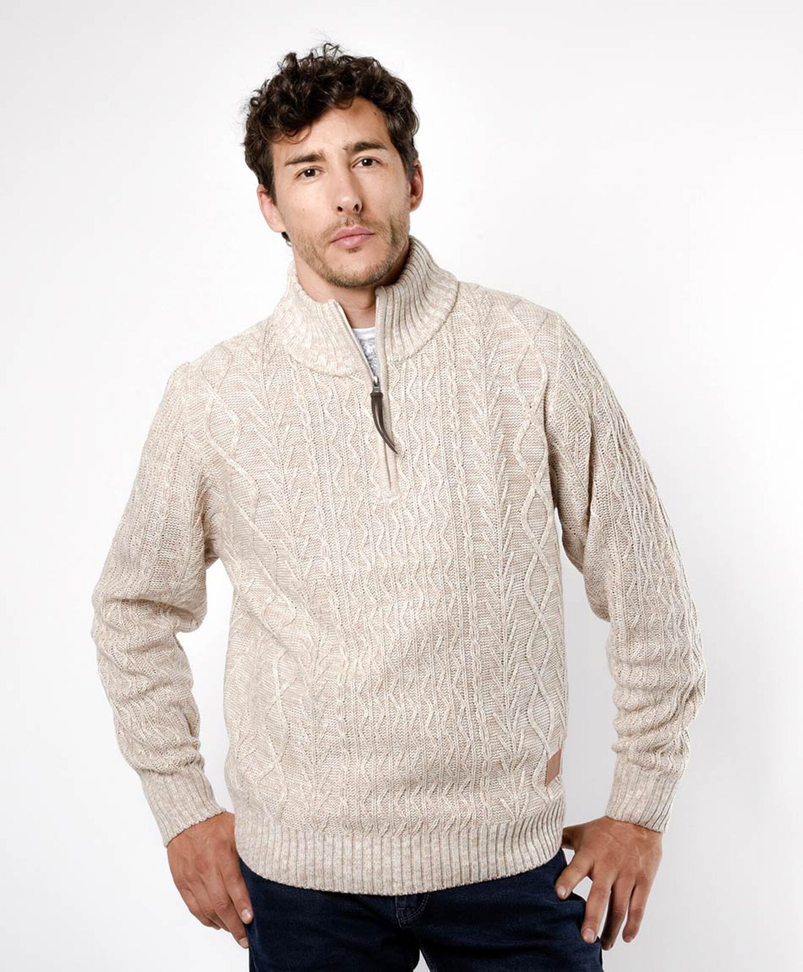 Sweater hombre textura medio cierre beige Sweater hombre textura medio cierre beige