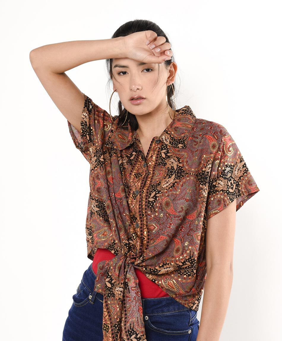Blusa mujer cuello camisero nudo