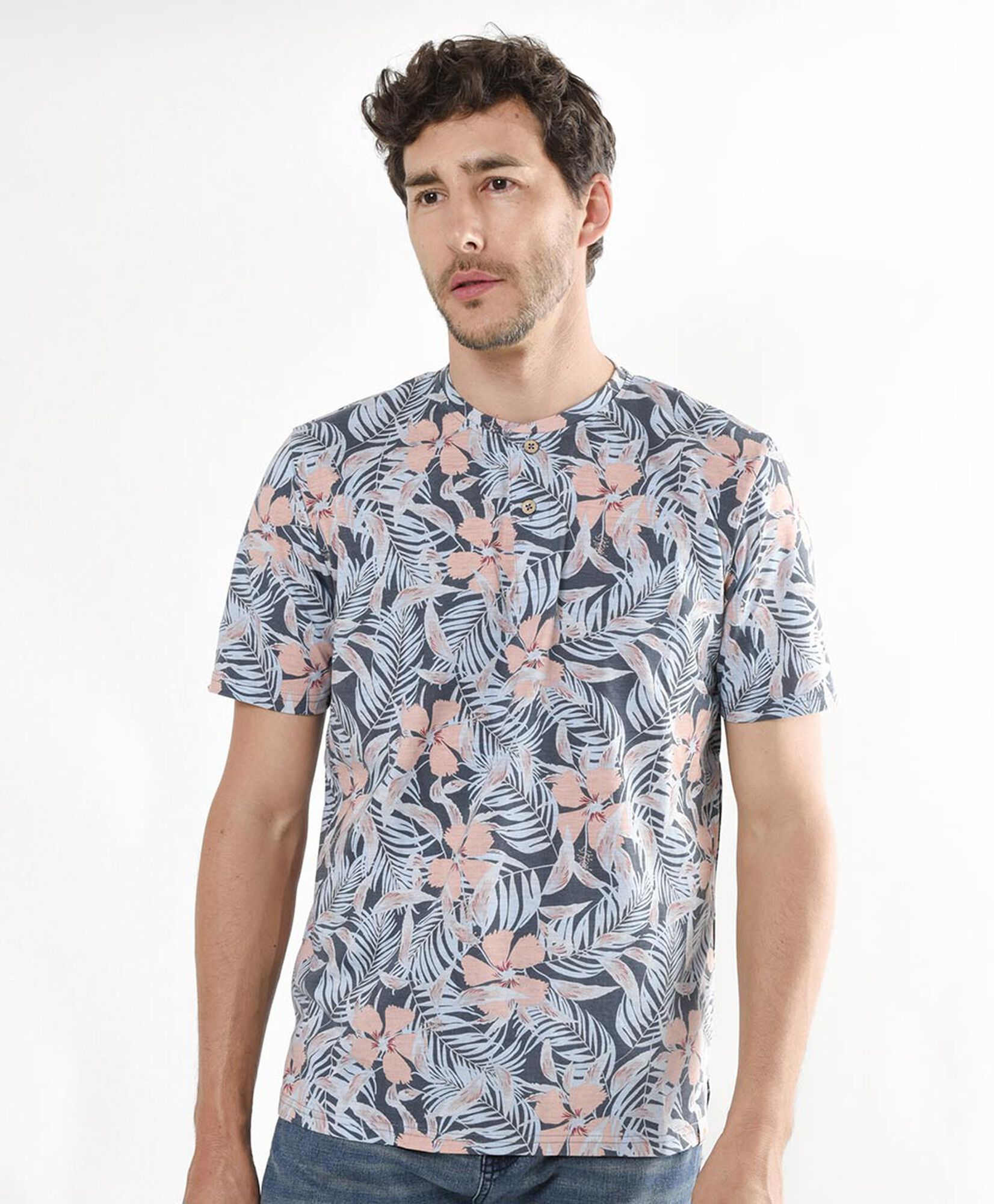 Polera hombre floral con botones azul Polera hombre floral con botones azul