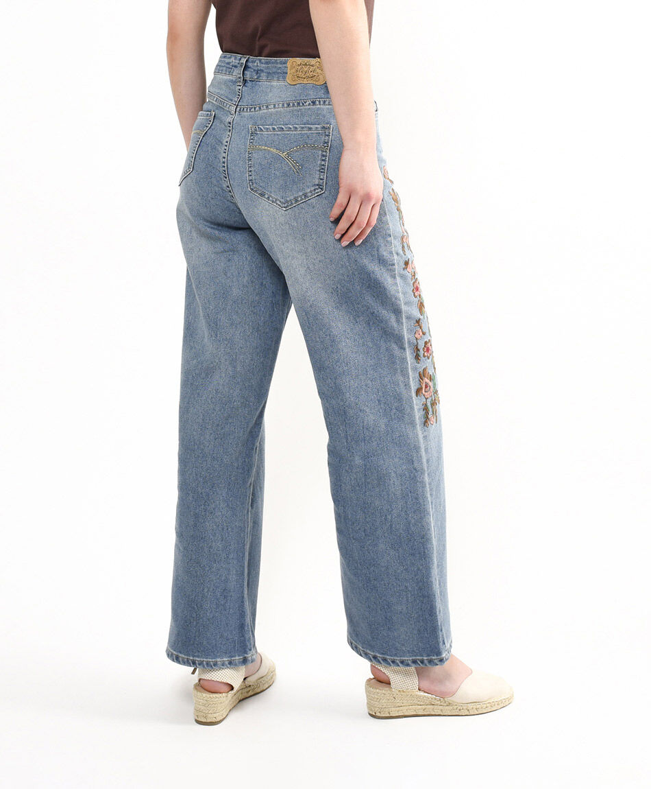Jeans mujer bordado lateral wide