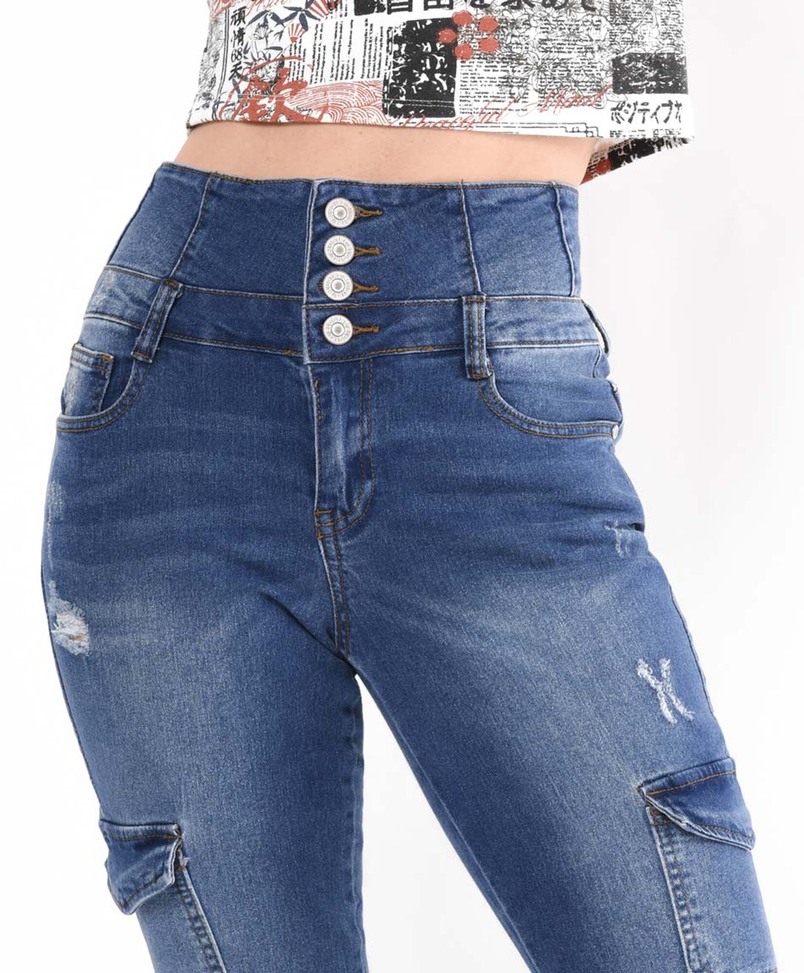 Jeans mujer cargo pretina ancha skinny fit Jeans mujer cargo pretina ancha skinny fit