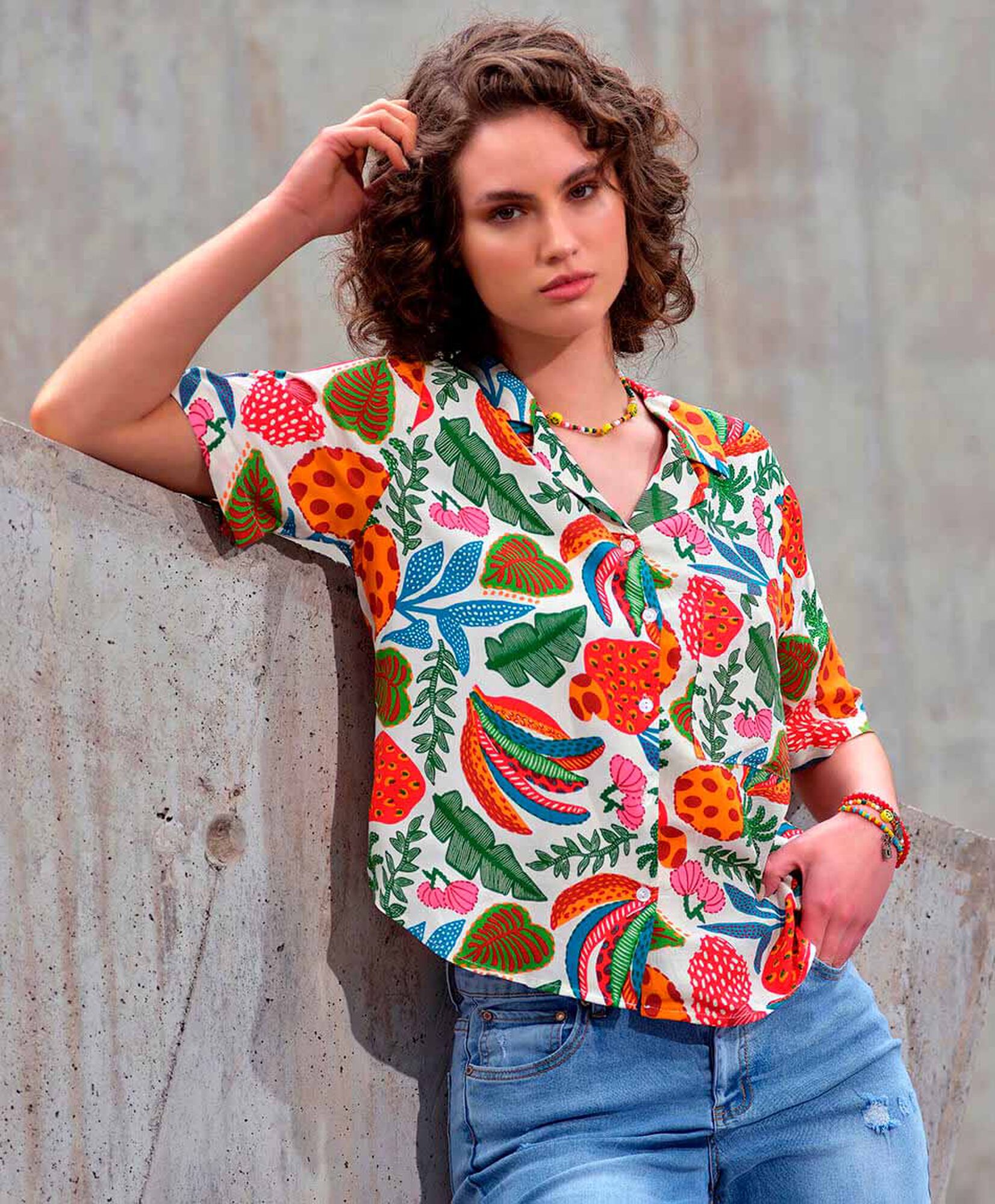 Blusa mujer tropical con bolsillo Blusa mujer tropical con bolsillo