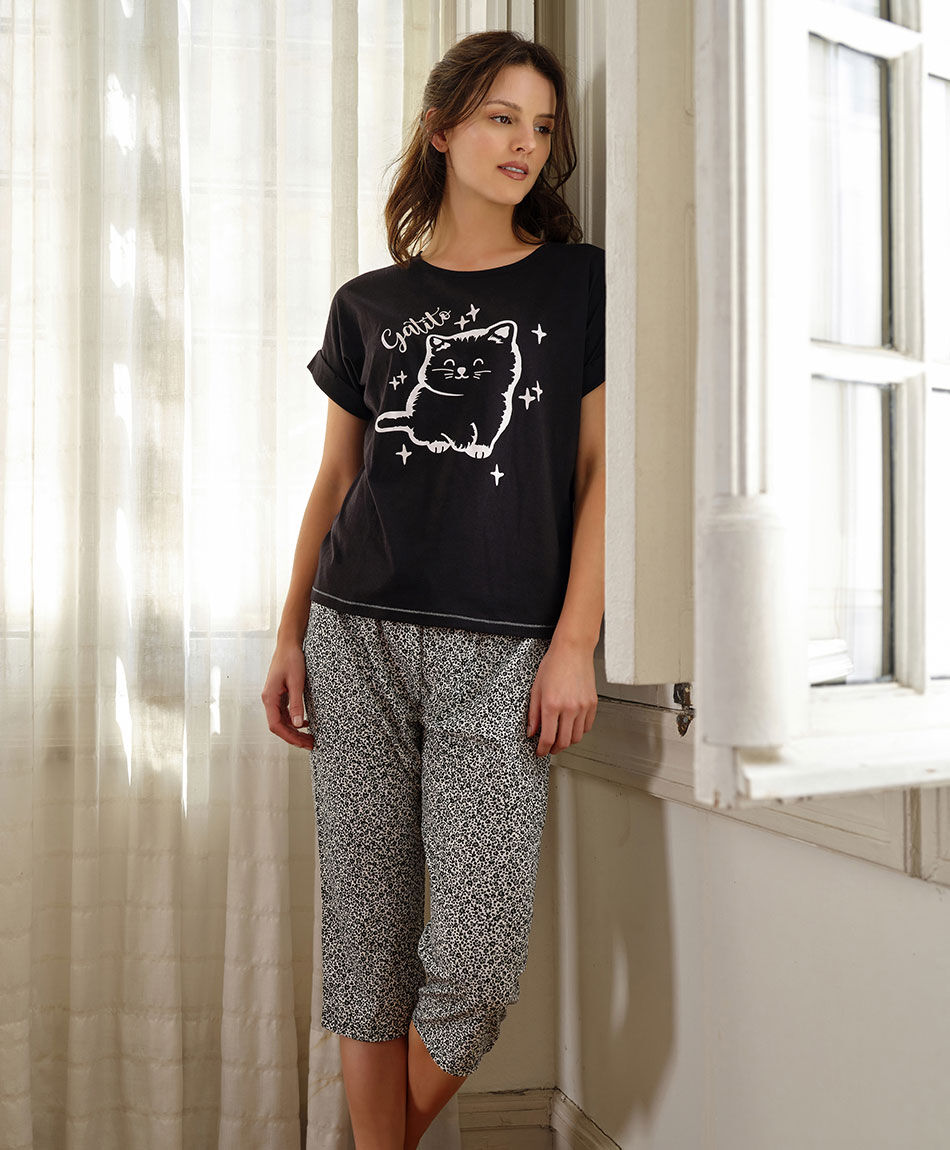Pijama mujer bicolor gatito 2 piezas