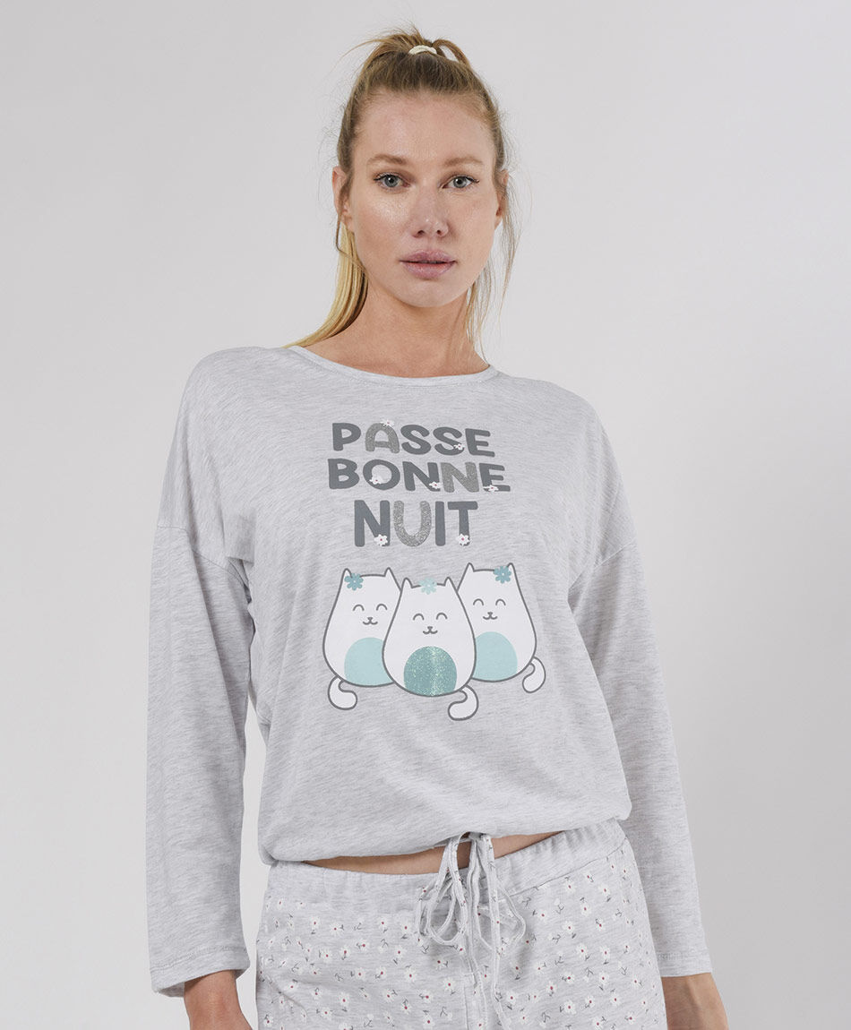 Pijama mujer gatos y florcitas 2 piezas