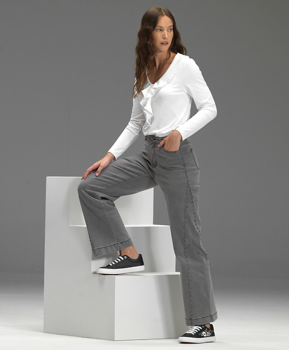 Jeans mujer wide leg tachas grey